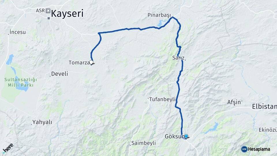 Kahramanmaraş Göksun Tomarza Kayseri Arası Kaç Km - Yol Haritası