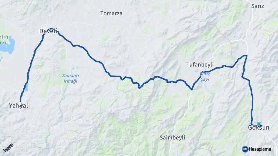 Kahramanmaraş Göksun Yahyalı Kayseri Arası Kaç Km - Yol Haritası
