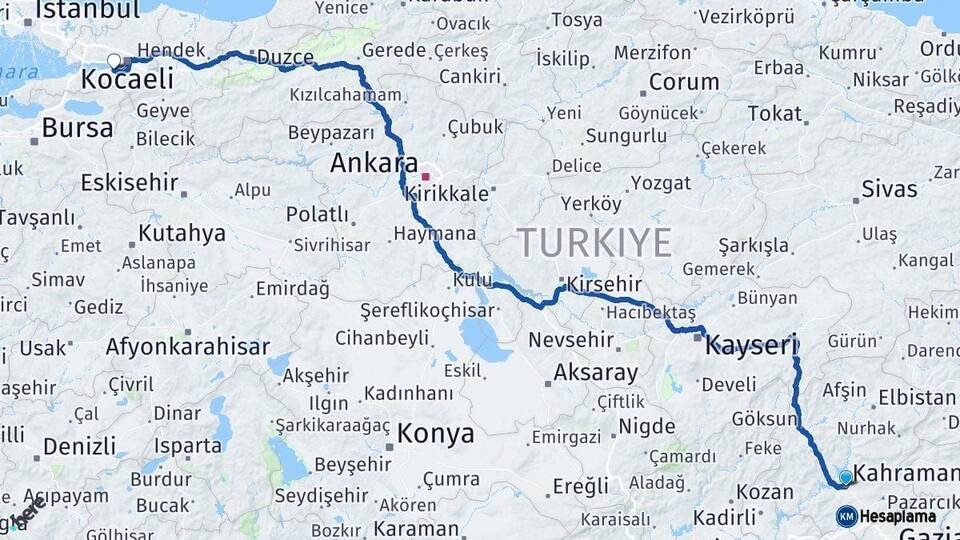 Kahramanmaraş Gölcük Kocaeli Arası Kaç Km - Yol Haritası