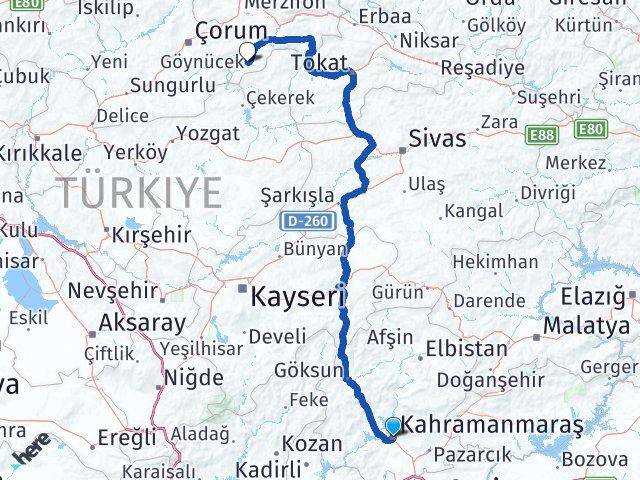 Kahramanmaraş Göynücek Amasya Arası Kaç Km - Yol Haritası