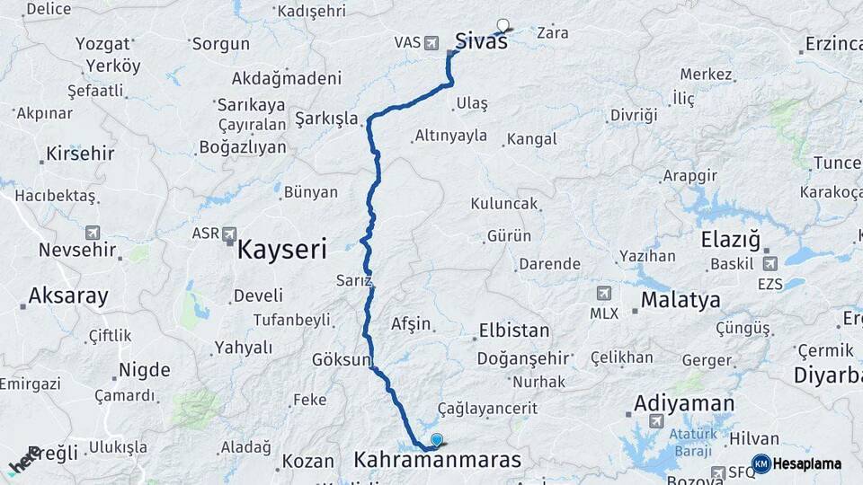 Kahramanmaraş Hafik Sivas Arası Kaç Km - Yol Haritası