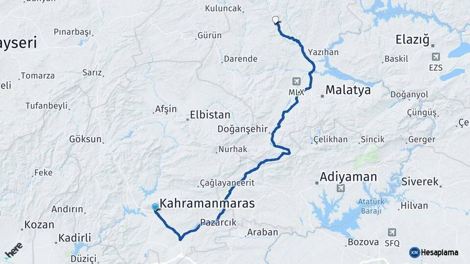 Kahramanmaraş Hekimhan Malatya Arası Kaç Km - Yol Haritası