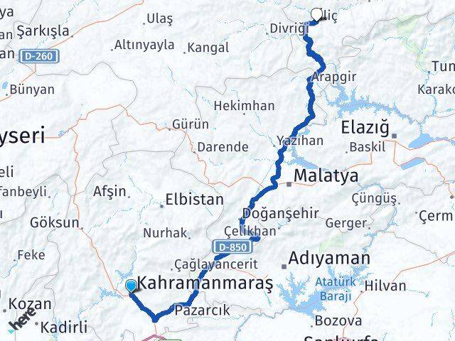 Kahramanmaraş İliç Erzincan Arası Kaç Km - Yol Haritası