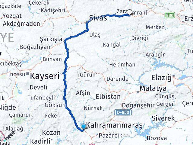 Kahramanmaraş İmranlı Sivas Arası Kaç Km - Yol Haritası