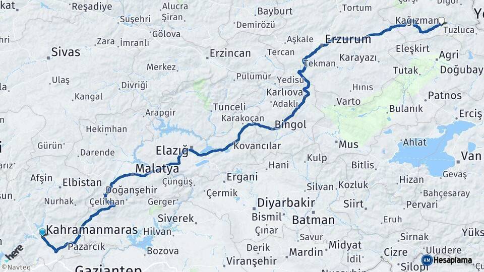 Kahramanmaraş Kağızman Kars Arası Kaç Km - Yol Haritası