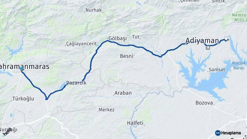 Kahramanmaraş Kahta Adıyaman Arası Kaç Km - Yol Haritası