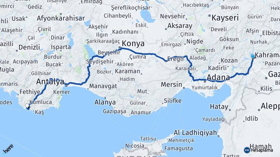 Kahramanmaraş Kalkan Kaş Antalya Arası Kaç Km - Yol Haritası
