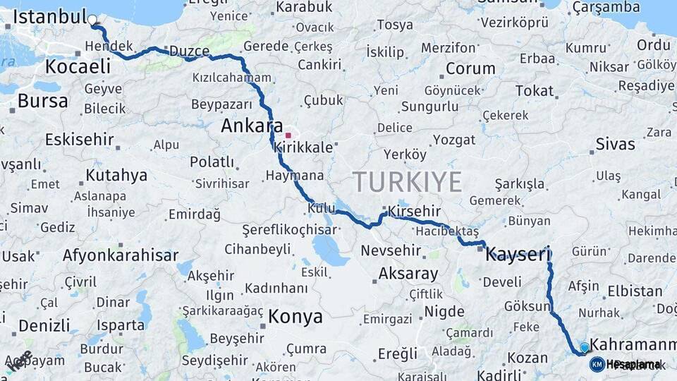 Kahramanmaraş Kandıra Kocaeli Arası Kaç Km - Yol Haritası