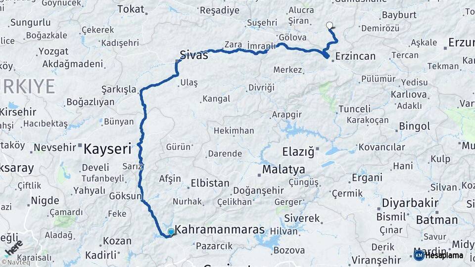 Kahramanmaraş Kelkit Gümüşhane Arası Kaç Km - Yol Haritası