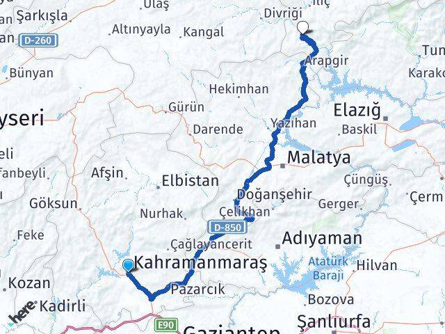 Kahramanmaraş Kemaliye Erzincan Arası Kaç Km - Yol Haritası