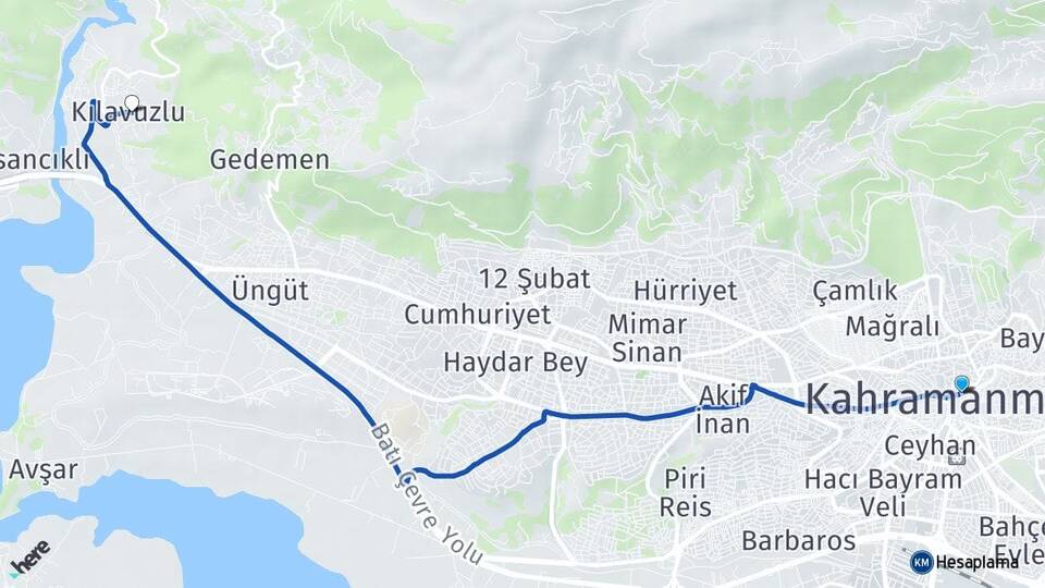 Kahramanmaraş Kılavuzlu Onikişubat Arası Kaç Km - Yol Haritası