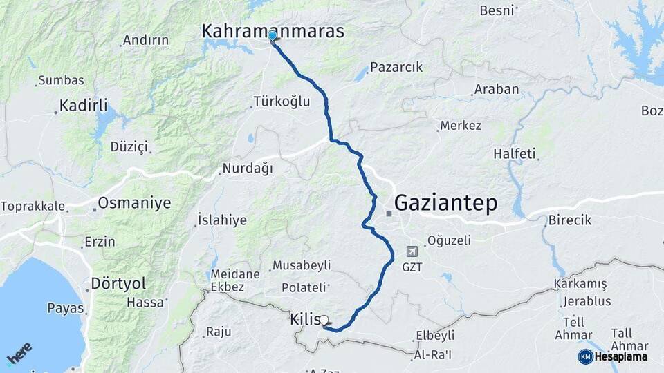 Kahramanmaraş Kilis Arası Kaç Km - Yol Haritası
