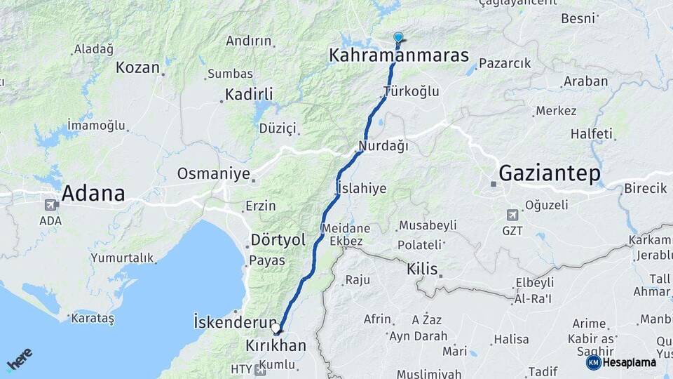 Kahramanmaraş Kırıkhan Hatay Arası Kaç Km - Yol Haritası