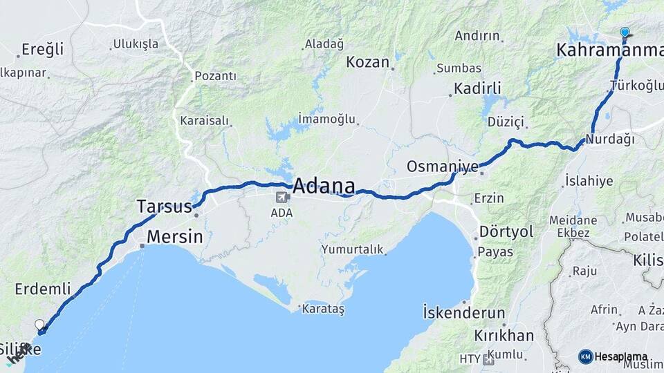 Kahramanmaraş Kızkalesi Erdemli Mersin Arası Kaç Km - Yol Haritası