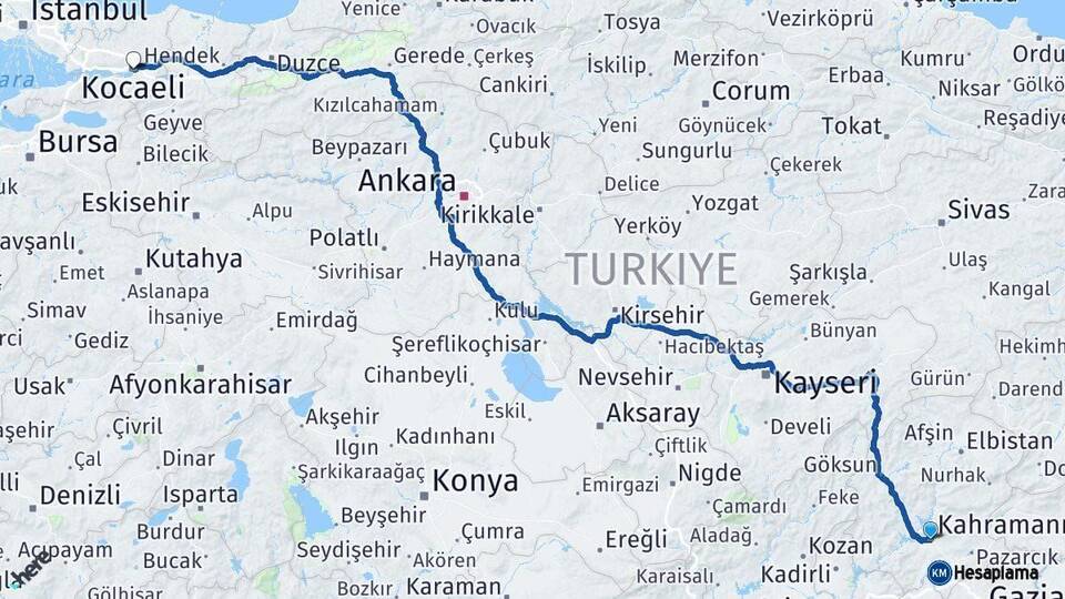 Kahramanmaraş Kocaeli Arası Kaç Km - Yol Haritası