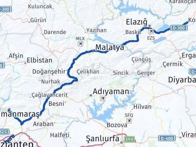 Kahramanmaraş Kovancılar Elazığ Arası Kaç Km - Yol Haritası