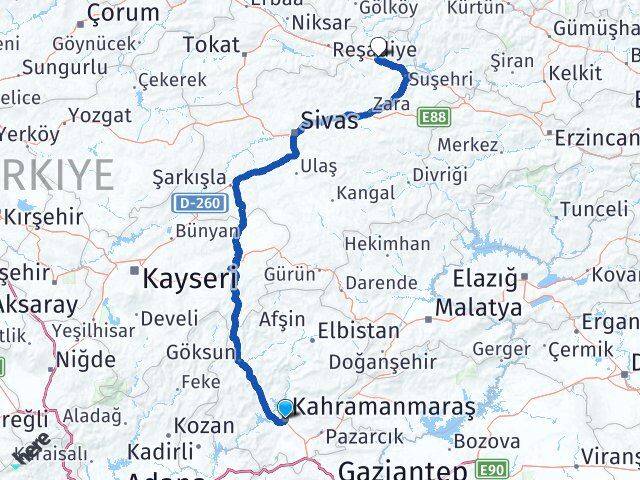 Kahramanmaraş Koyulhisar Sivas Arası Kaç Km - Yol Haritası