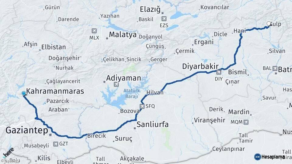 Kahramanmaraş Kulp Diyarbakır Arası Kaç Km - Yol Haritası
