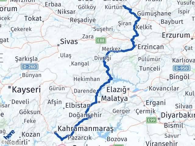 Kahramanmaraş Kürtün Gümüşhane Arası Kaç Km - Yol Haritası