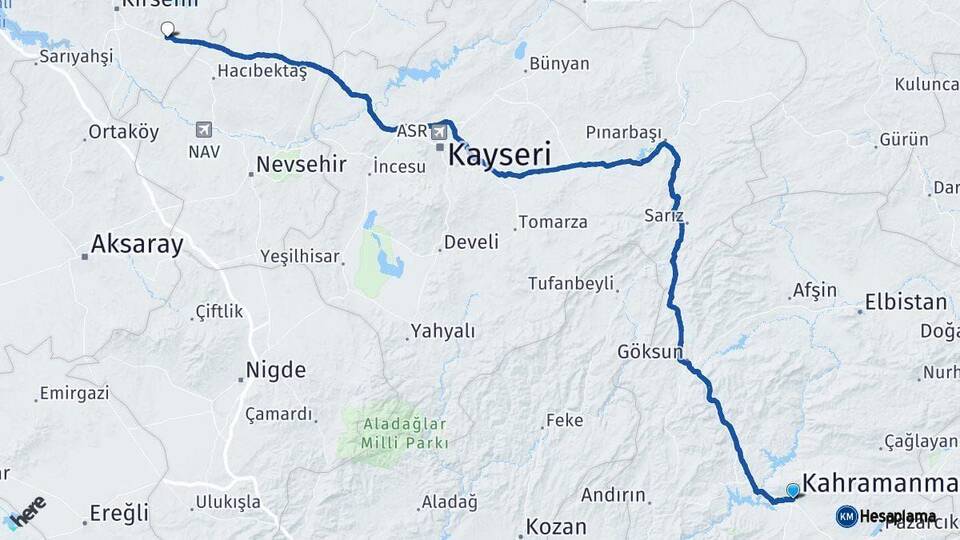 Kahramanmaraş Mucur Kırşehir Arası Kaç Km - Yol Haritası