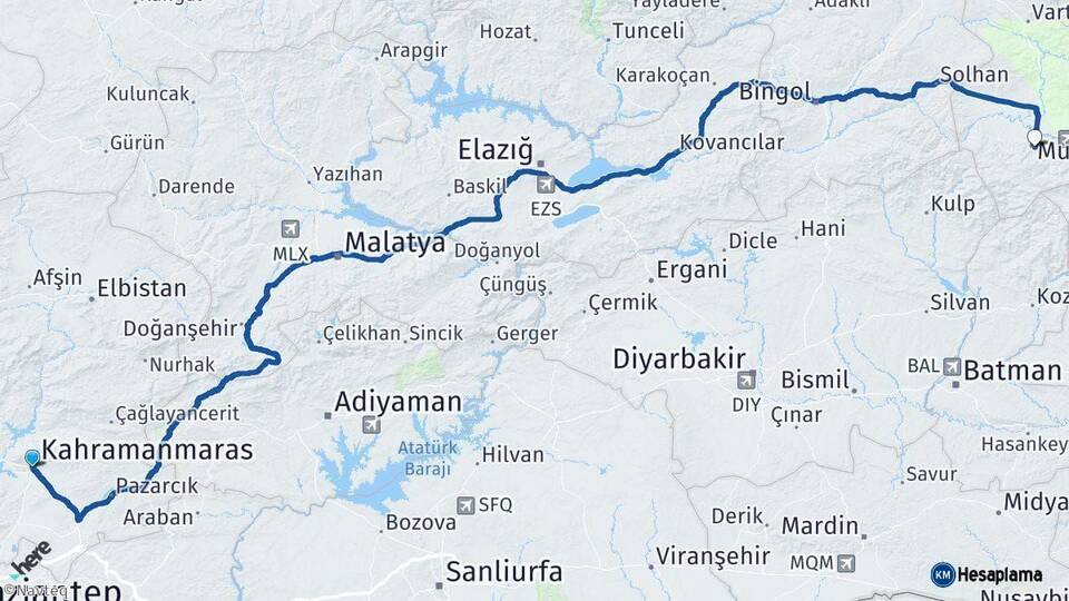 Kahramanmaraş Muş Arası Kaç Km - Yol Haritası