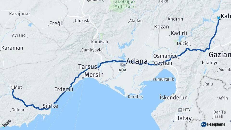 Kahramanmaraş Mut Mersin Arası Kaç Km - Yol Haritası