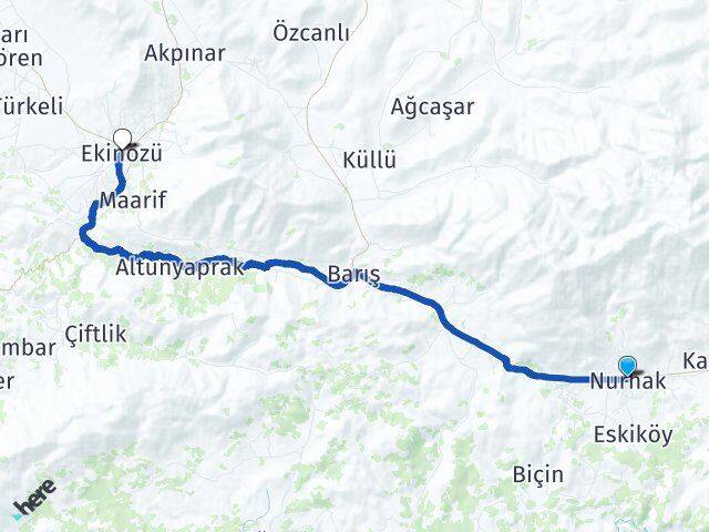Kahramanmaraş Nurhak Ekinözü Arası Kaç Km - Yol Haritası
