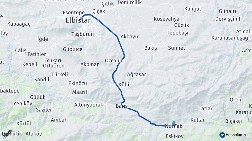 Kahramanmaraş Nurhak Elbistan Arası Kaç Km - Yol Haritası