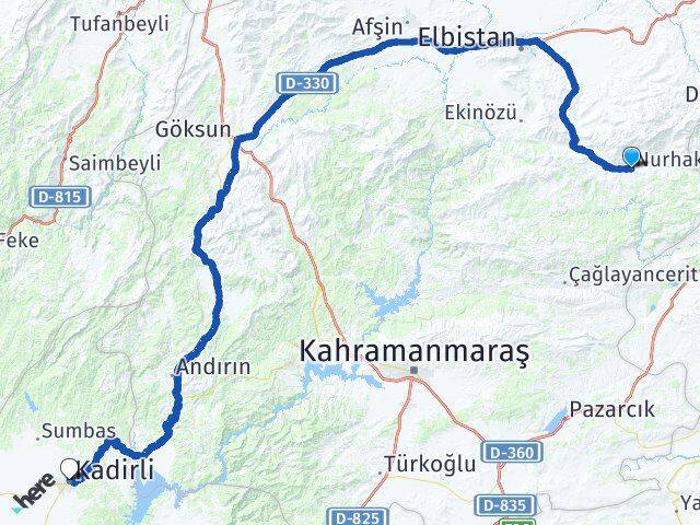 Kahramanmaraş Nurhak Kadirli Osmaniye Arası Kaç Km - Yol Haritası