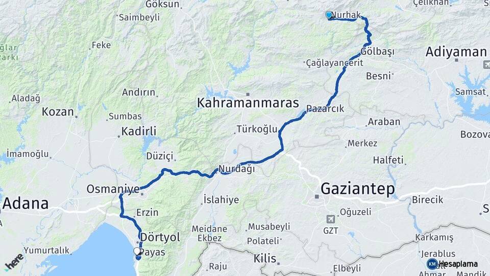 Kahramanmaraş Nurhak Payas Hatay Arası Kaç Km - Yol Haritası