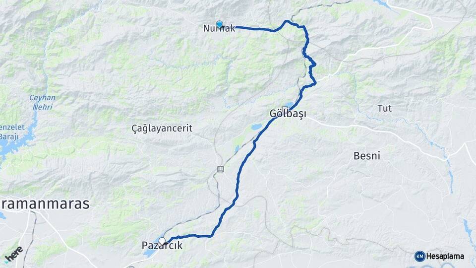 Kahramanmaraş Nurhak Pazarcık Arası Kaç Km - Yol Haritası
