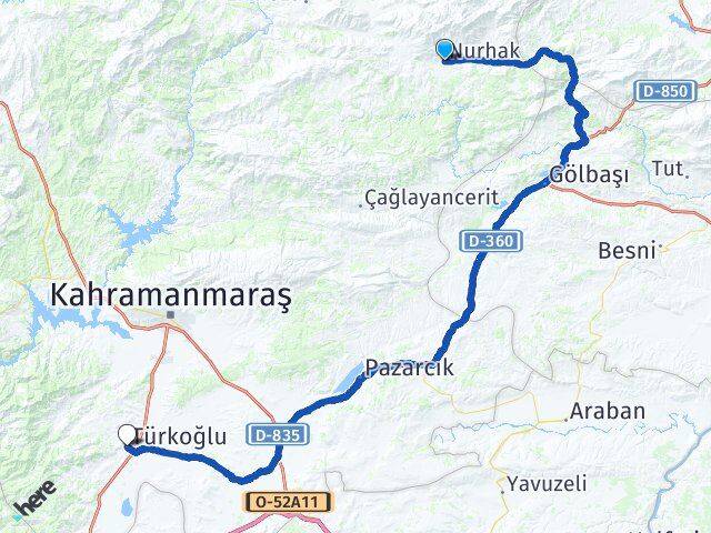 Kahramanmaraş Nurhak Türkoğlu Arası Kaç Km - Yol Haritası