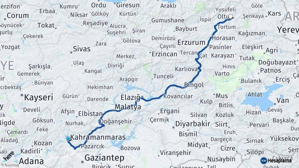Kahramanmaraş Oltu Erzurum Arası Kaç Km - Yol Haritası