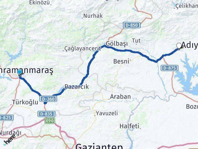 Kahramanmaraş Onikişubat Adıyaman Arası Kaç Km - Yol Haritası