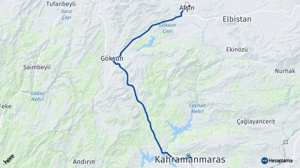 Kahramanmaraş Onikişubat Afşin Arası Kaç Km - Yol Haritası