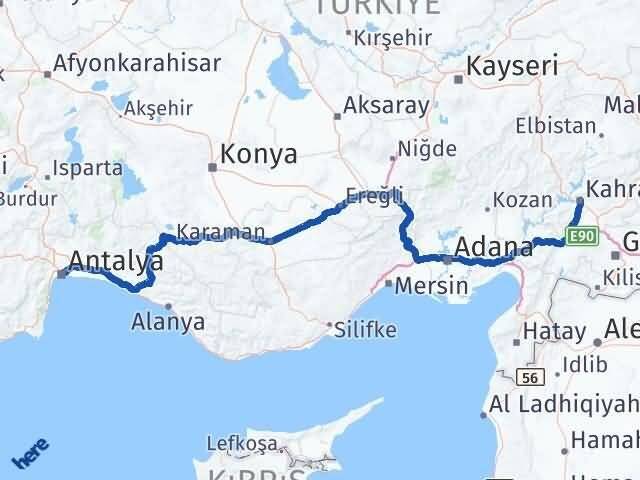 Kahramanmaraş Onikişubat Antalya Arası Kaç Km - Yol Haritası