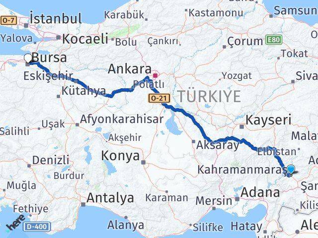 Kahramanmaraş Onikişubat Bursa Arası Kaç Km - Yol Haritası