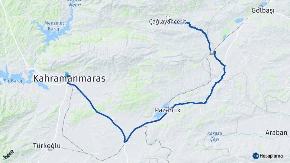 Kahramanmaraş Onikişubat Çağlayancerit Arası Kaç Km - Yol Haritası