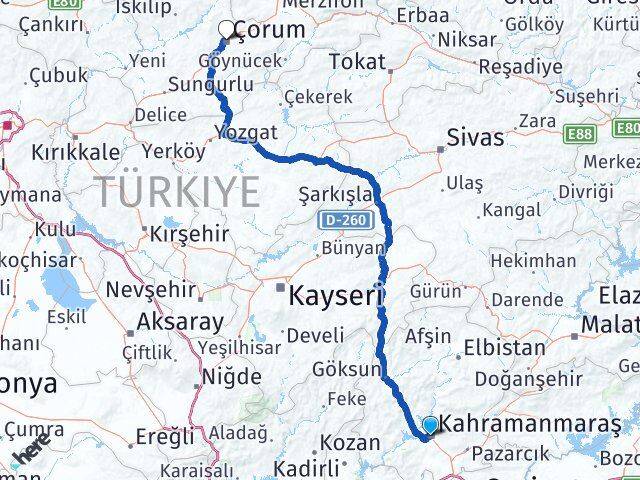 Kahramanmaraş Onikişubat Çorum Arası Kaç Km - Yol Haritası