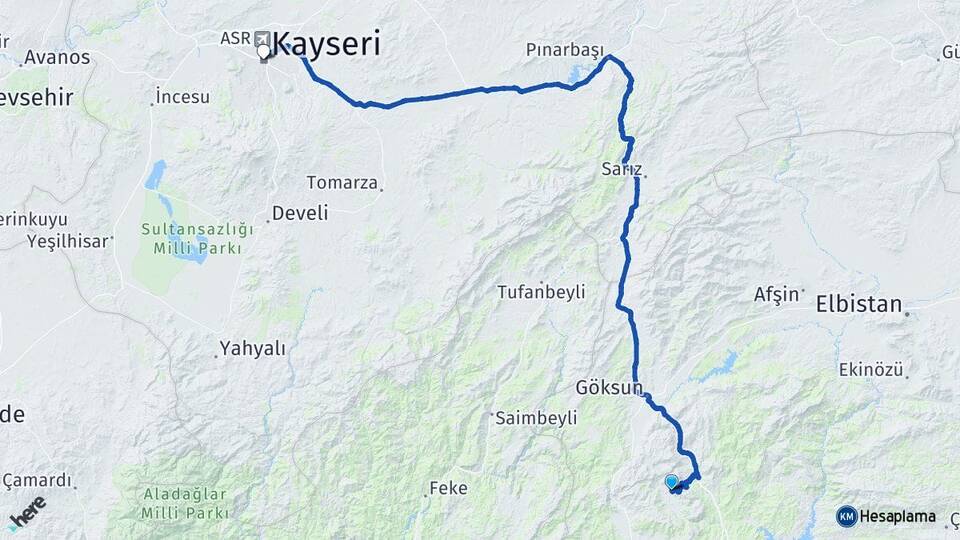 Kahramanmaraş Onikişubat Çukurhisar Kayseri Arası Kaç Km - Yol Haritası