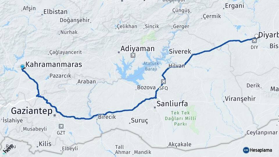 Kahramanmaraş Onikişubat Diyarbakır Arası Kaç Km - Yol Haritası