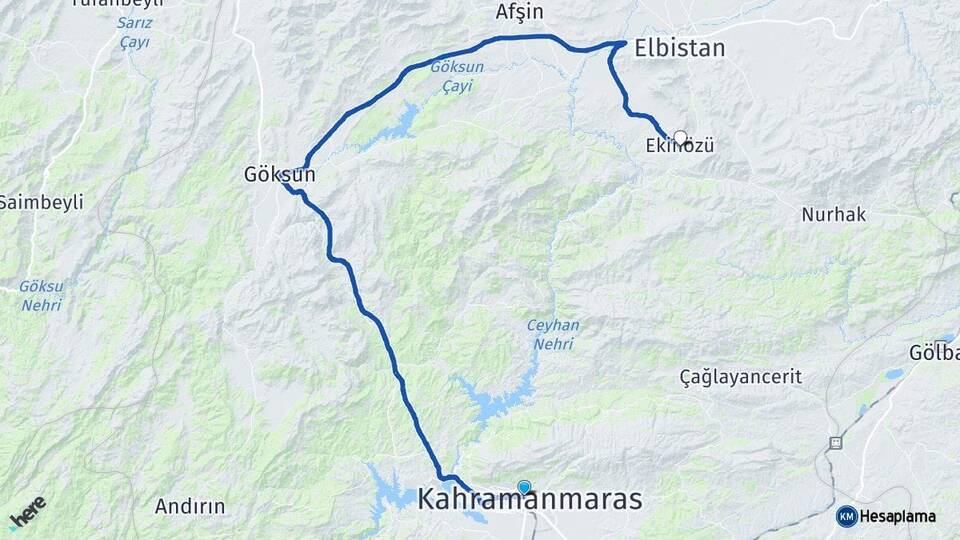 Kahramanmaraş Onikişubat Ekinözü Arası Kaç Km - Yol Haritası