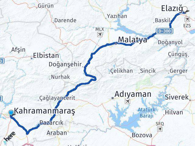 Kahramanmaraş Onikişubat Elazığ Arası Kaç Km - Yol Haritası
