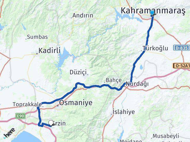 Kahramanmaraş Onikişubat Erzin Hatay Arası Kaç Km - Yol Haritası