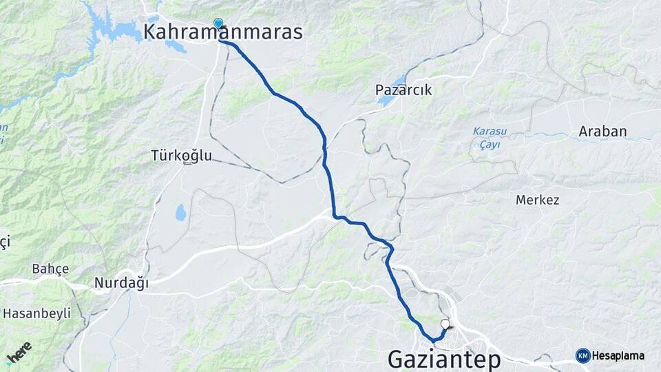 Kahramanmaraş Onikişubat Gaziantep Arası Kaç Km - Yol Haritası
