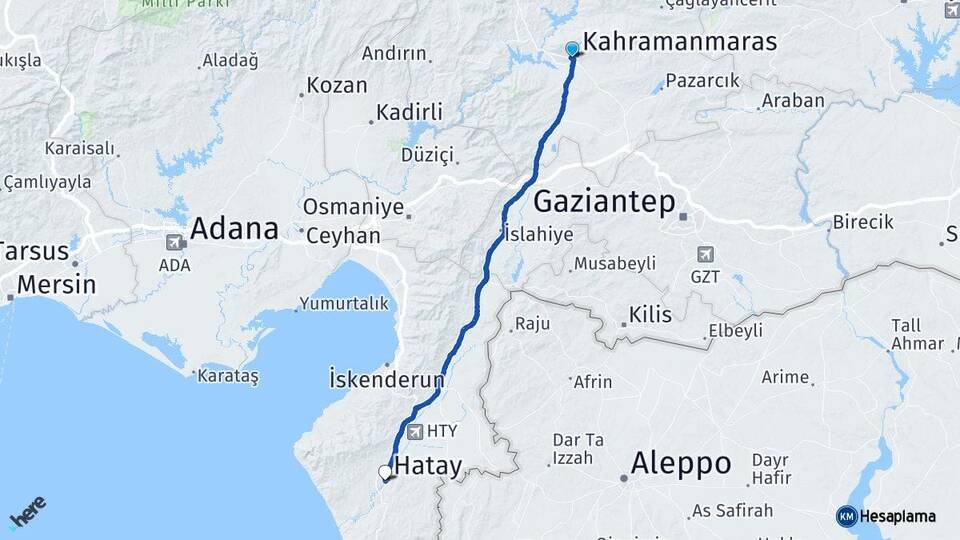 Kahramanmaraş Onikişubat Hatay Arası Kaç Km - Yol Haritası