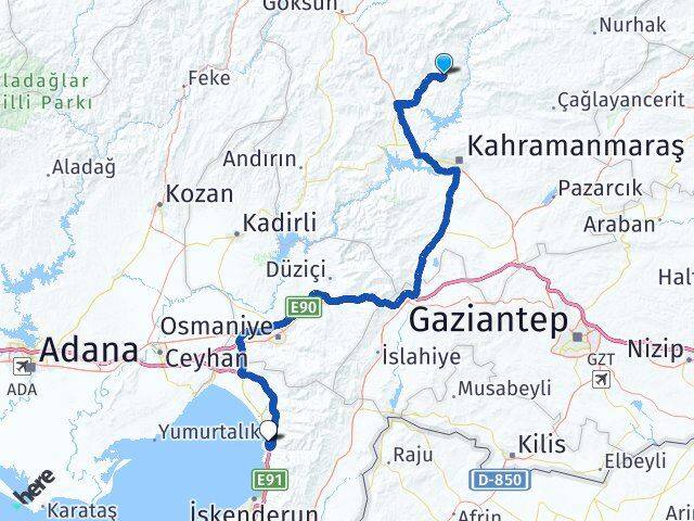 Kahramanmaraş Onikişubat Ilıca Payas Hatay Arası Kaç Km - Yol Haritası