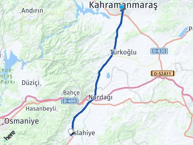 Kahramanmaraş Onikişubat İslahiye Gaziantep Arası Kaç Km - Yol Haritası