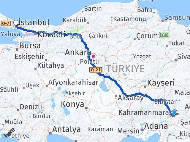 Kahramanmaraş Onikişubat İstanbul Arası Kaç Km - Yol Haritası