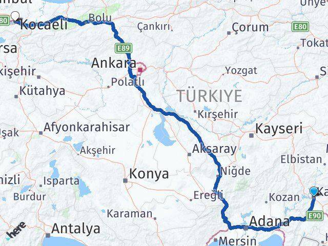 Kahramanmaraş Onikişubat İzmit Kocaeli Arası Kaç Km - Yol Haritası